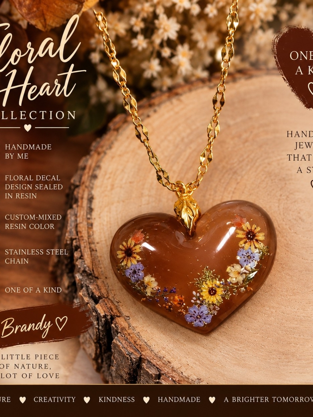 Handmade One of a Kind Floral Resin Heart Necklace – Stainless Steel Chain